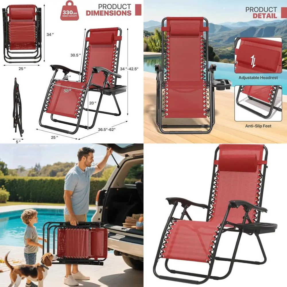 

Портативное кресло-реклайнер с функцией нулевой гравитации, подставкой для чашек, боковым столиком и съемной подушкой — идеально подходит для отдыха на природе, террасы, кемпинга, пляжа, газона.