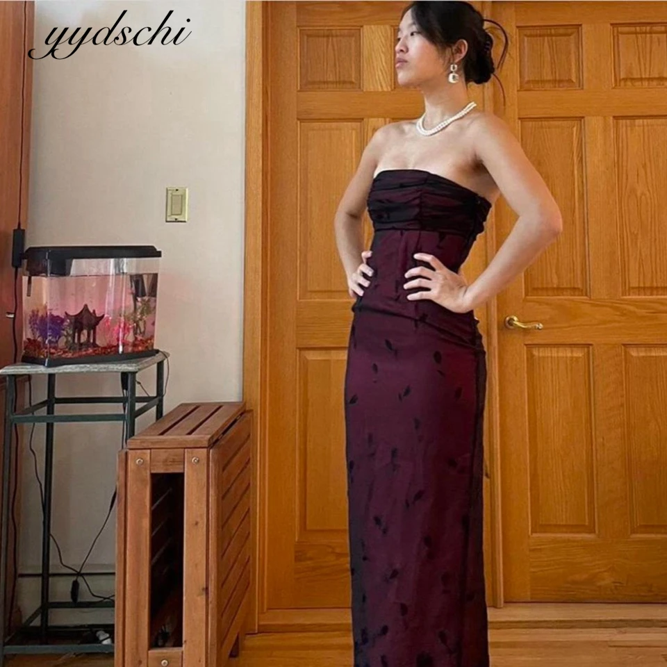 

Customized Prom Dress Dark Red Exquisite Sexy Tulle Satin Spaghetti Strap Split Floor Length Beach Evening Dress for Women Party