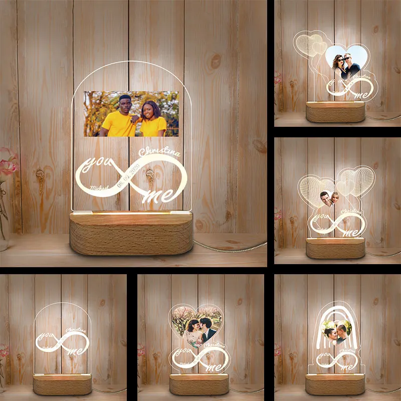 

3D Night Light Lamp Custom Photo And Text Engrave Wooden Base Customized Valentine's Day Wedding Anniversary Birthday Lamp Gifts