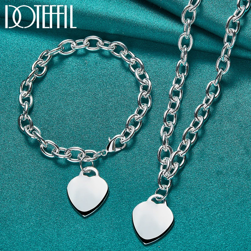 DOTEFFIL 2pcs 925 Sterling Silver Heart Necklace Bracelet Set For Women Man Wedding Engagement Party Jewelry