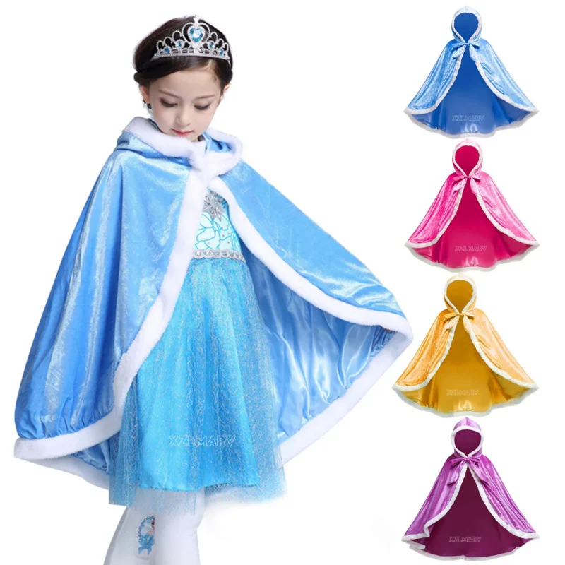 Capa de Elsa para niñas, chal de terciopelo con capucha de dibujos animados, ropa de princesa azul, invierno, 2024