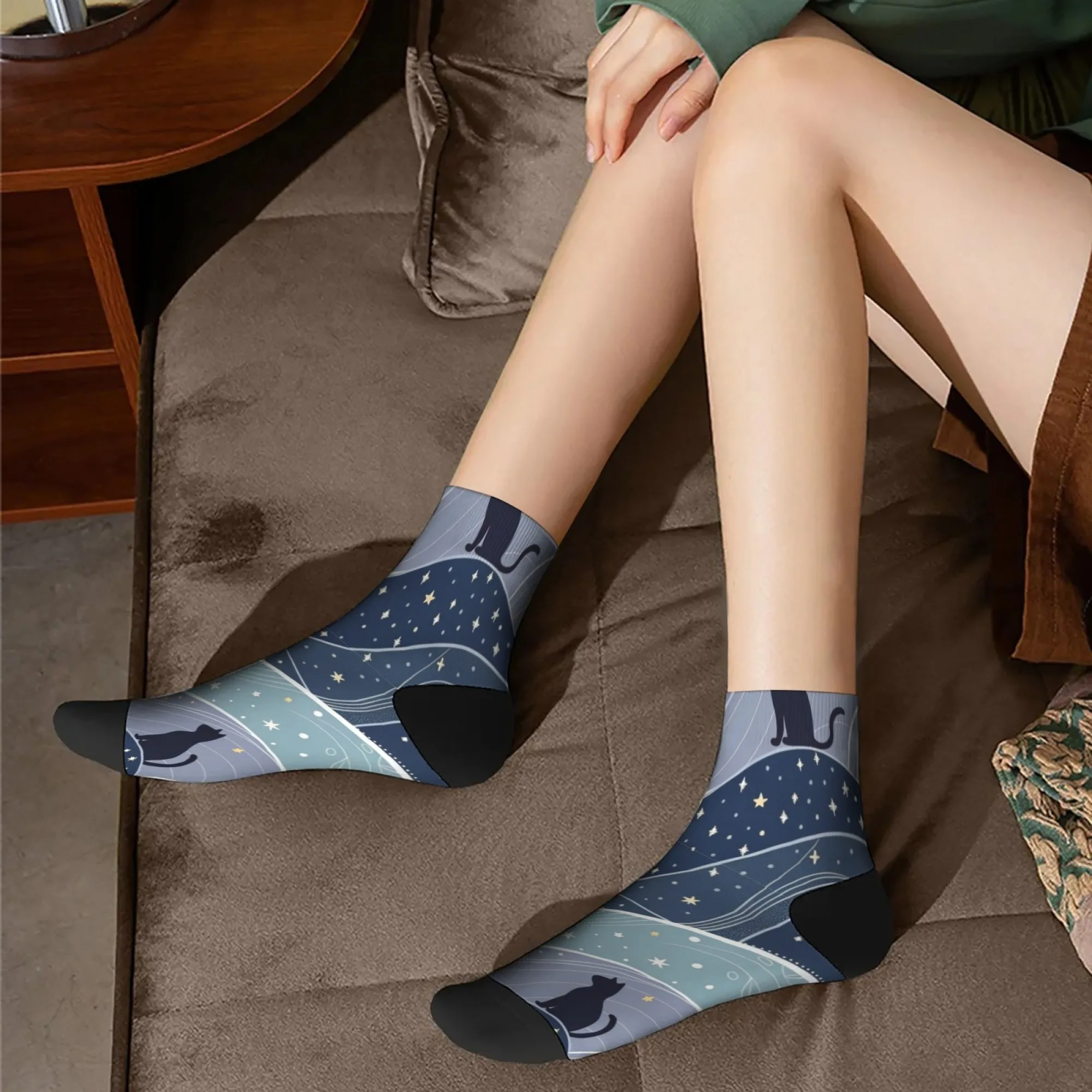 Cat Star River style Short Socks Polyester Blend Comfortable Casual Socks for Women Men Unisex Soft Breathable Lightweight