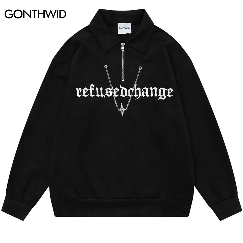 Men 90s Suede Shirts Y2K Harajuku Embroidery Letter Half Zipper Long Sleeve Tshirt with Chain 2024 Men Hip Hop Loose Tops Tee