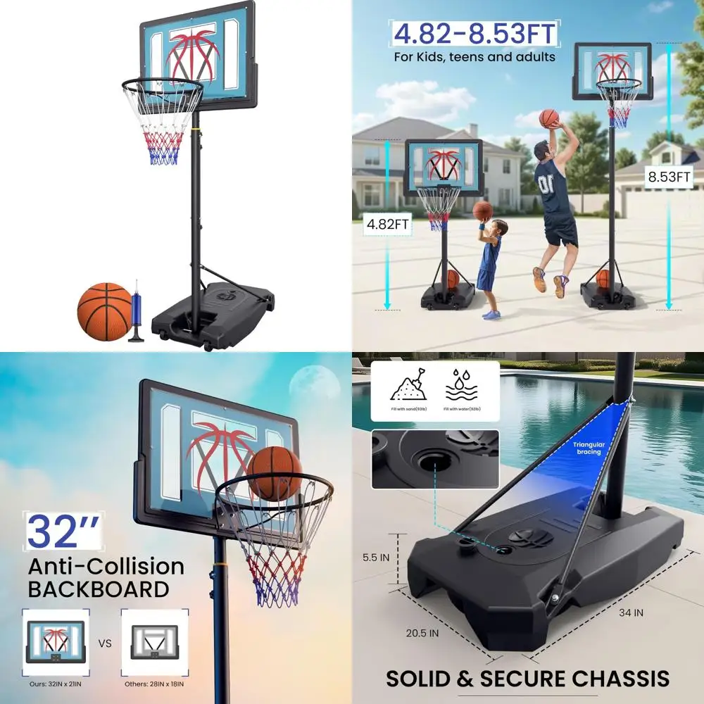 Verstellbarer Outdoor-Basketballkorb, 4,8–8,53 Fuß, tragbar, mit 32-Zoll-PC-Rückwand und befüllbarer Basis für mehr Stabilität