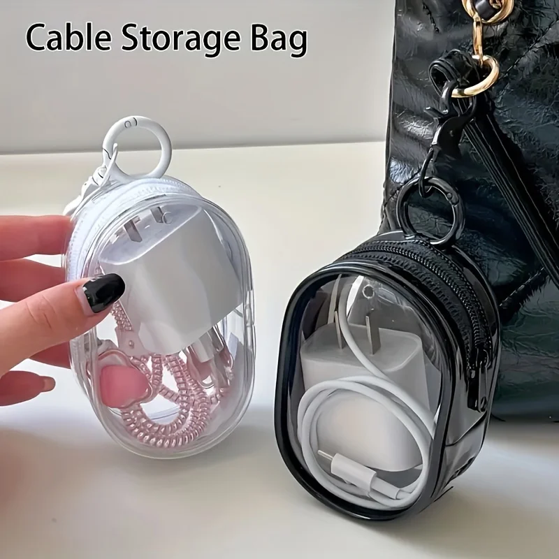 2pc Compact Clear Zippered Storage Bag With Keychain - Multifunctional Organizer For Earphones, Chargers & Travel Accessories