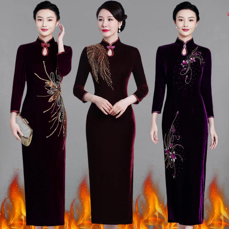 

plus Size Long Sve Qipao Dr Wedding Ceremony Ele Velvet Fabric Low Slit for Women over 35 Years Old Autumn Winter