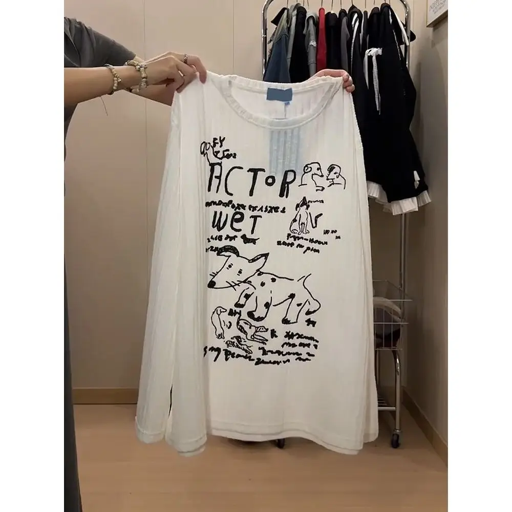 Loose Fit Long Sleeve T-Shirt Women's Style Cartoon Dog Drawn Hand T-Shirt Chic Salt System Top Korean Version Commute Style