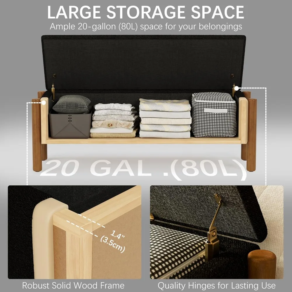 مقعد عثماني لتخزين أرجل الجوز 47 بوصة، سعة 20 جالون لغرفة النوم، سطح من القماش المنجد، نهاية أثاث السرير #6