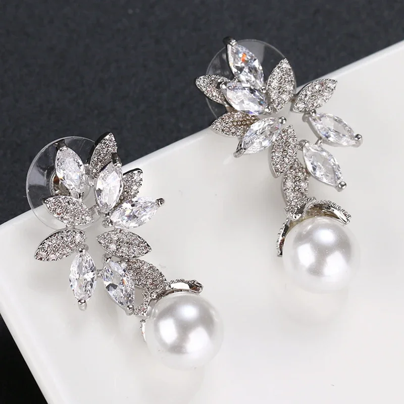 LXOEN Bohemian Sterling Pearl Jewelry Cubic Zirconia CZ Drop Pearl Earrings for Women Anniversary Birthday Idea Gift
