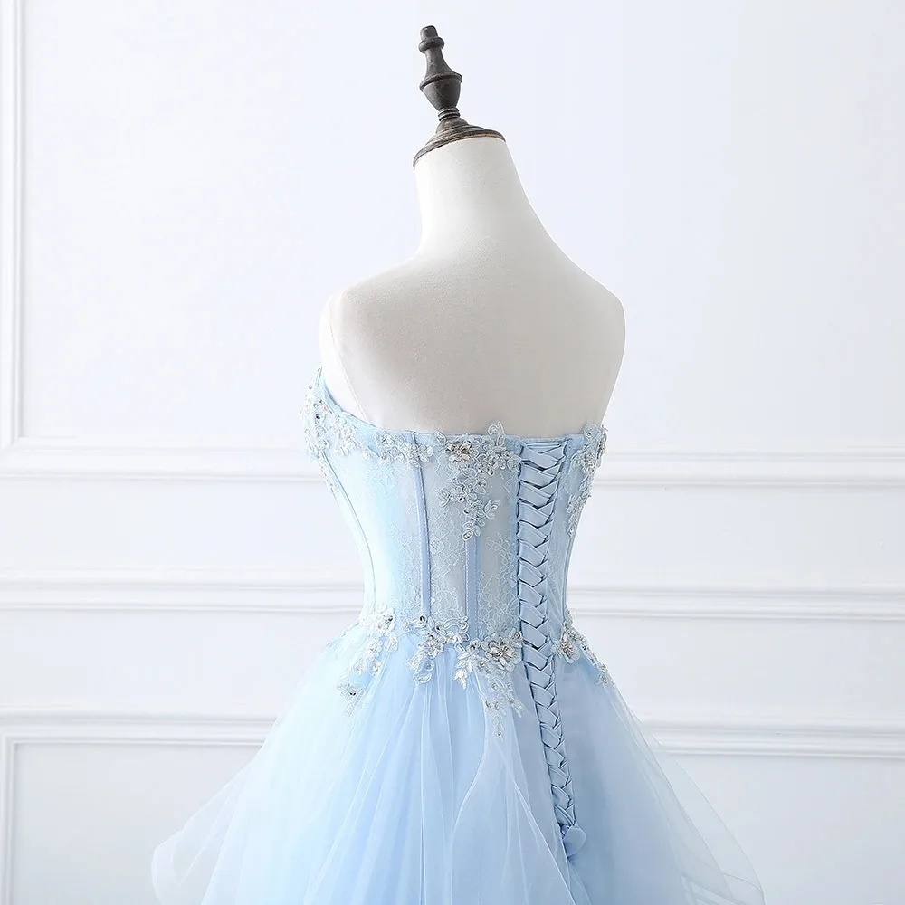 Light Blue Prom Dresses Long Sexy Sweetheart A-Line Tulle Lace Applique Beaded Crystal Women Formal Party Gown