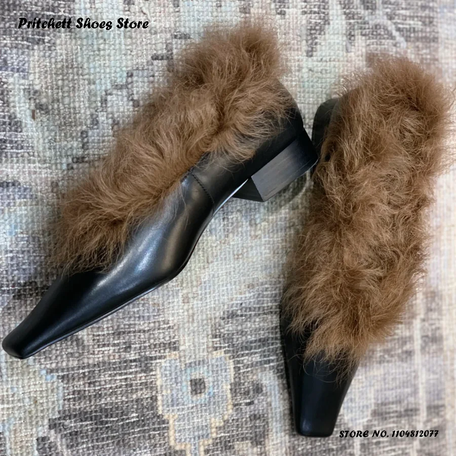 

Women's Faux Fur Warm Pumps 2025 Autumn Winter Pull On Warm Leather Loafers Retro Square Toe Low Chunky Heel Daily Casual Shoes