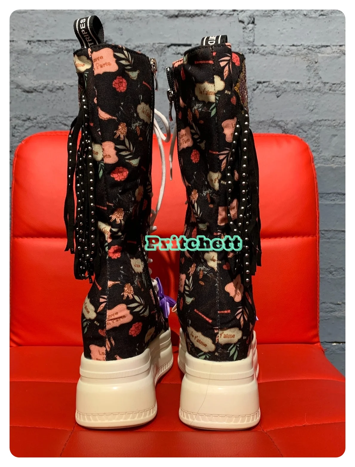 Lace-up Printed Handmade Flowers Pearl Knee-high Boots Women Shoes Height Increasing Shoes Platform Round Toe Color Matching