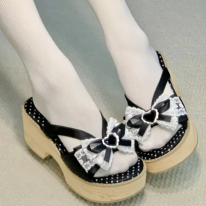 

Showa Bow Love Shoes JK Little Cake Shoes Women Hoshino Akari Wood Grain Thick Sole Japan Thick Heel Clogs Shoes Cosplay Slipper