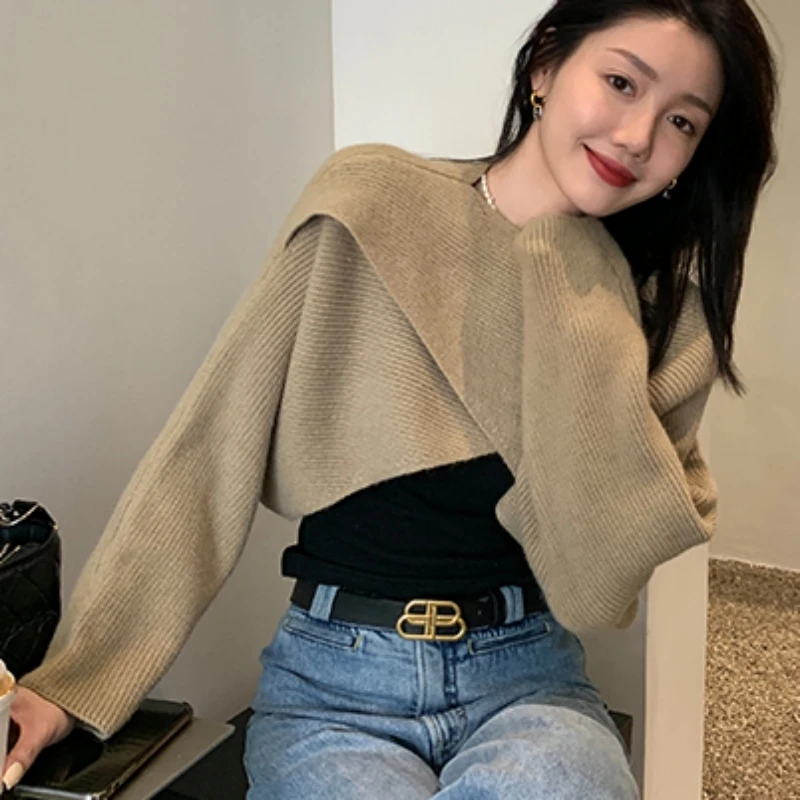 Spring Knitted Cropped Cross Irregular Streetwear Sweater Y2K Tops Women Sweater Autumn Long Sleeve Pullovers Sweater Pull 22933