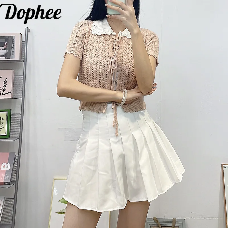 

High Quality 2024 New Summer Women Knitted Shirt Cute Colorblock Hollow Out Peter Pan Collar Short Sleeve Cardigans Crop Tops