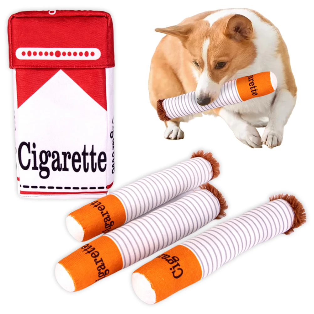 Creative Cigarette Interactive Dog Toys Funny Plush Chewing Toy with Squeaking Sound Dog Toy Cigaret Box Good Pet Gifts