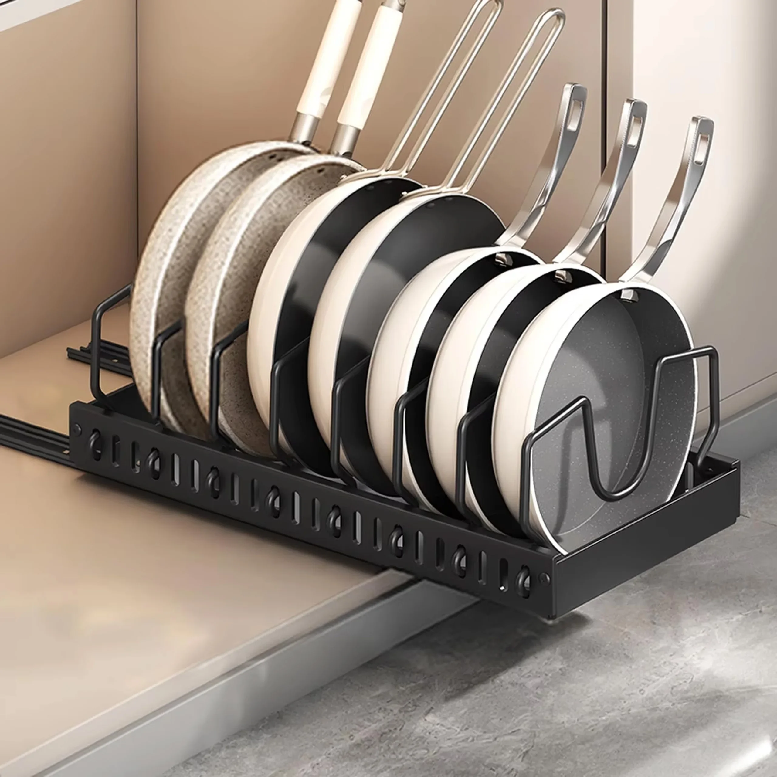 and Pans Organizer Under Cabinet,Sliding Pot Lid Holder and Pan Rack Kitchen,Pull out Pot and Pan Organizer,Dishes Bakeware set