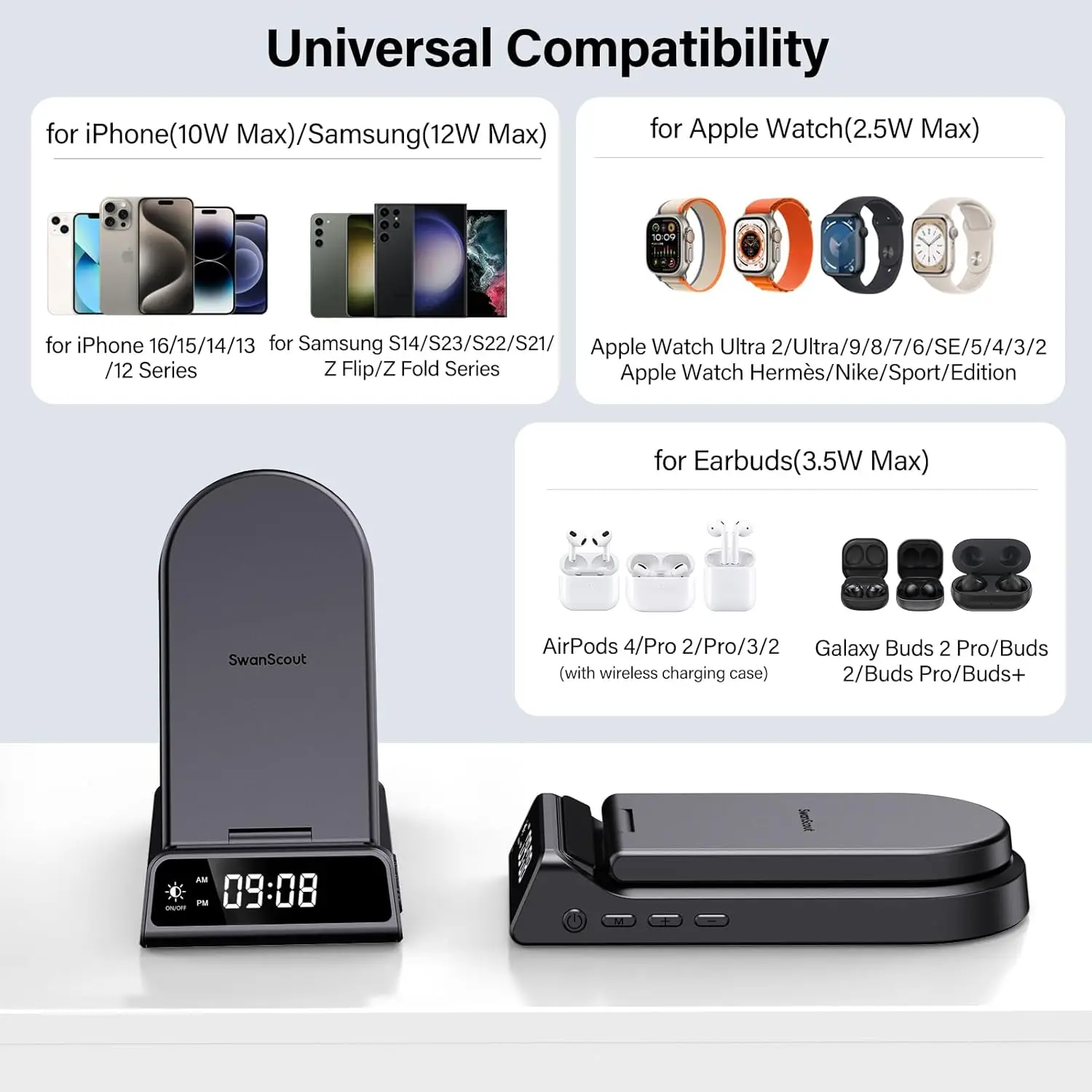 SwanScout 702A Portable Wireless Charging Station for iPhone 16 15 14 13 12 11 Charger for Apple Watch Ultra 2 9 8 for Airpods 4