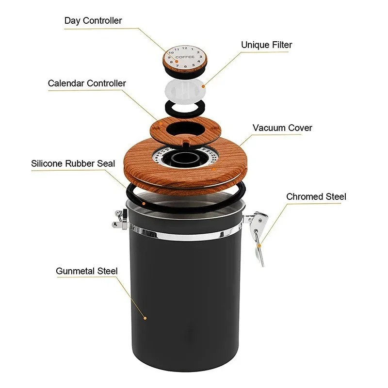 1.8L Coffee Canister Stainless Steel Coffee Bean Vacuum Sealed Tank with Date Tracker Coffee Bean Tea Nut Storage Sealed Cans