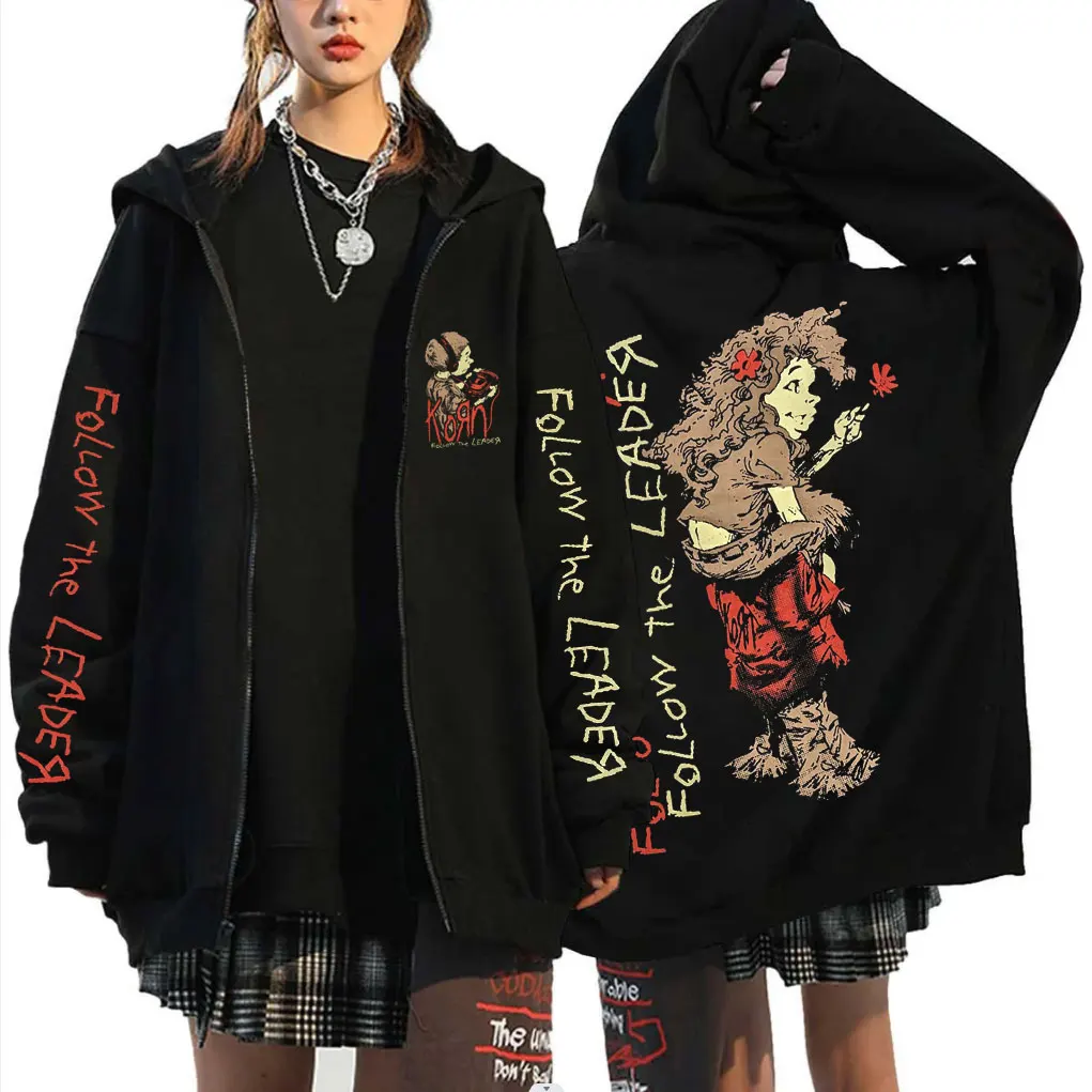 

Rock Band Korn Follow The Leader Zipper Hoodie Men Women Vintage Metal Gothic Zip Up Jacket Men's Fleece Oversized Sweatshirt