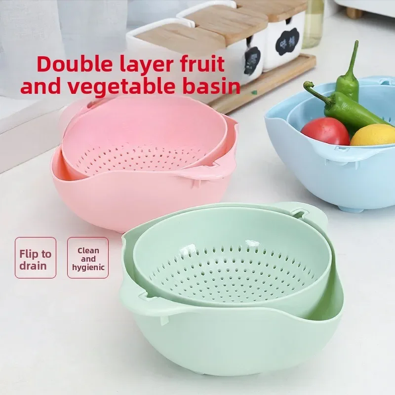 Kitchen Drain Basket Turned Over Vegetable Basket Plastic Double-layer Washing Rice Sieve Vegetable Basin Washing Fruit Utensils