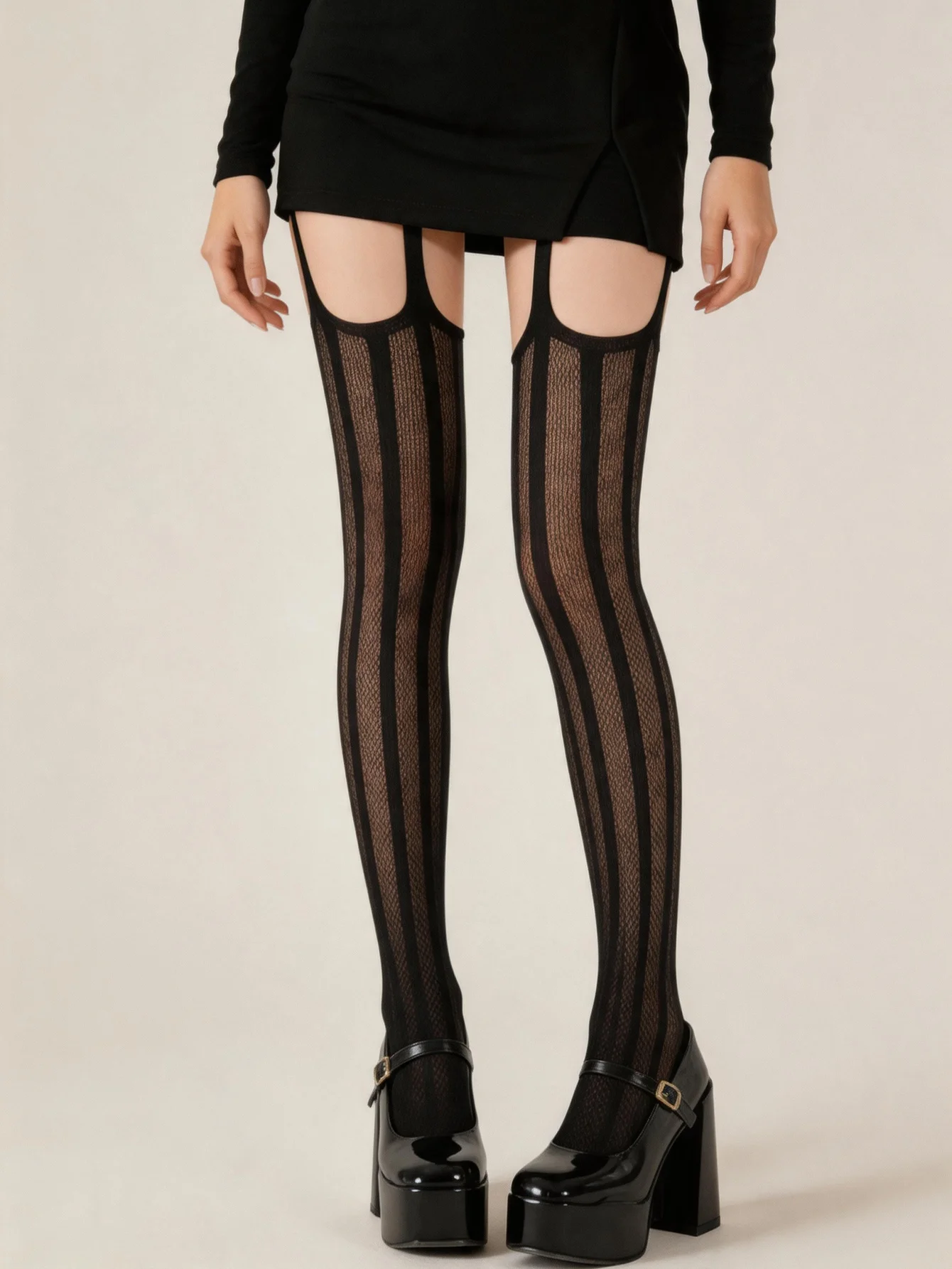 Women's Sexy Vertical Striped Suspender Thigh High Stockings, Black Sheer Garter Style Hosiery for Party Night Out Wear