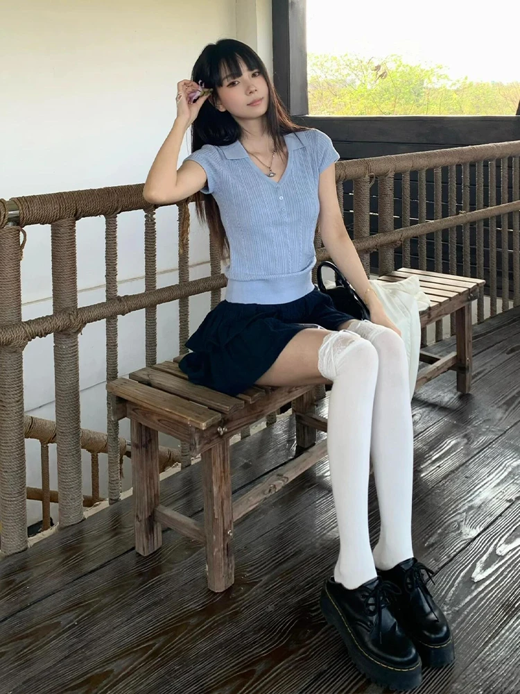 

Slim Fit ort Sve V Ne Knitted T irt Women's Summer Twist Flower Henry Collar Vintage Spicy Girl Top Miu Sle Commut...