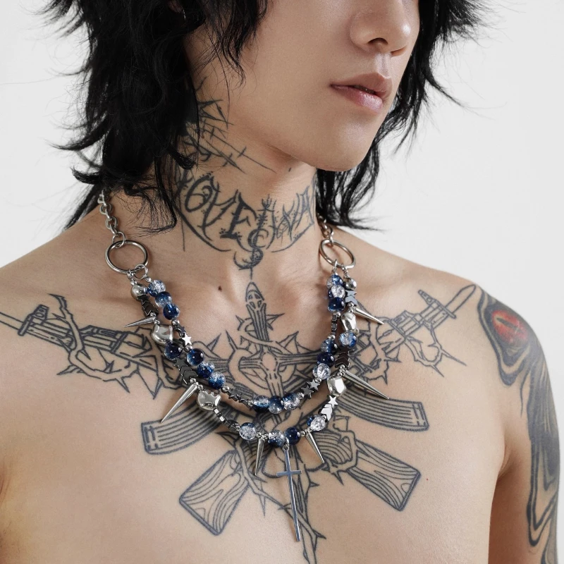 

Ожерелье с подвеской «Глубоководное звездное небо» в стиле панк Y2k, тяжелая промышленность, готическое ожерелье из бисера для мужчин, колье ручной работы из титановой стали, ювелирные изделия