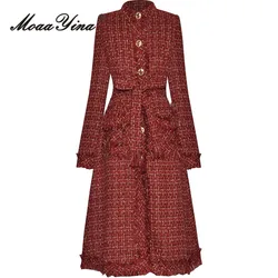 MoaaYina New Fashion Autumn and Winter Women's Coat Stand Collar Single-Breasted Long Sleeved Lace-Up Office Work Overcoat