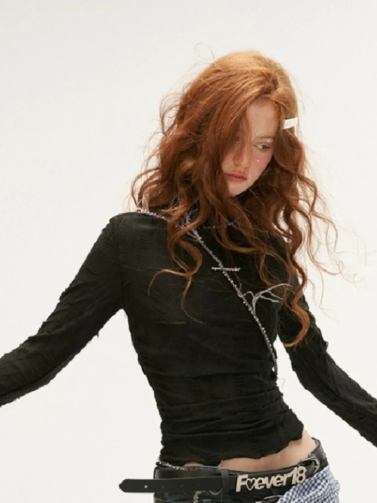 American Retro Harajuku Turtleneck Pullover Women Long Sleeve Slim Tops Streetwear Y2k Vintage Tshirts 2000s Japanese Basic Tops