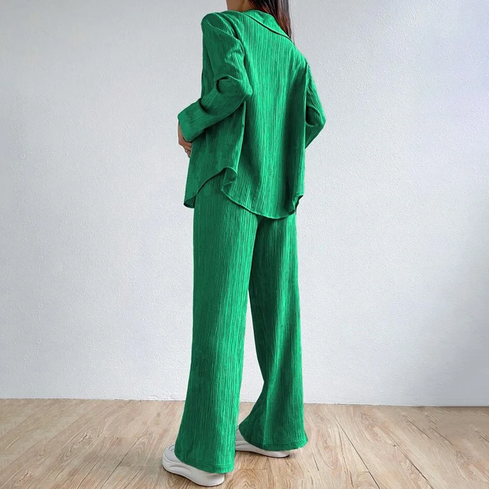 Holiday Loose Straight Leg Pants Casual Women Clothing Brand New Button-down Shirt Lapel Neckline Polyester Fabric