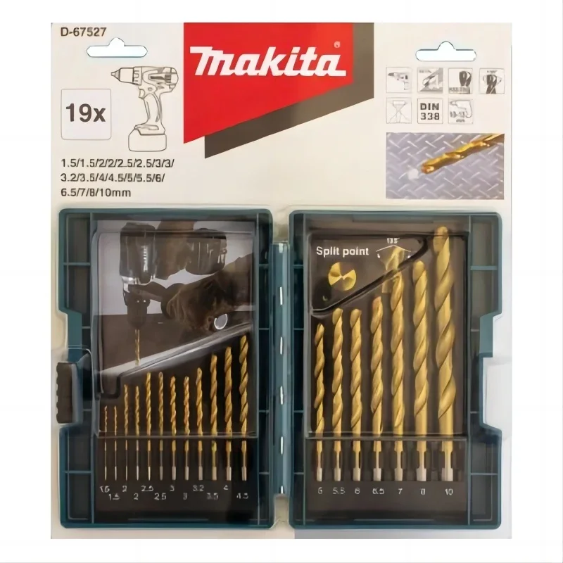 Imagem -02 - Makita 19 Peças Conjunto de Brocas Elétricas Titânio-nitrido Revestimento Carpintaria Metal Trabalho Tin Hss Metal Torção Broca D67527