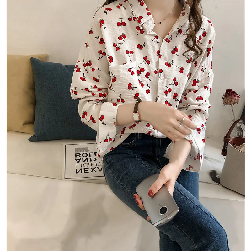 Women Shirt Top Cherry Print Overshirt Turn Down Collar Single Breasted Pockets Sweet Blouses Office Lady 2025 Autumn Shirts