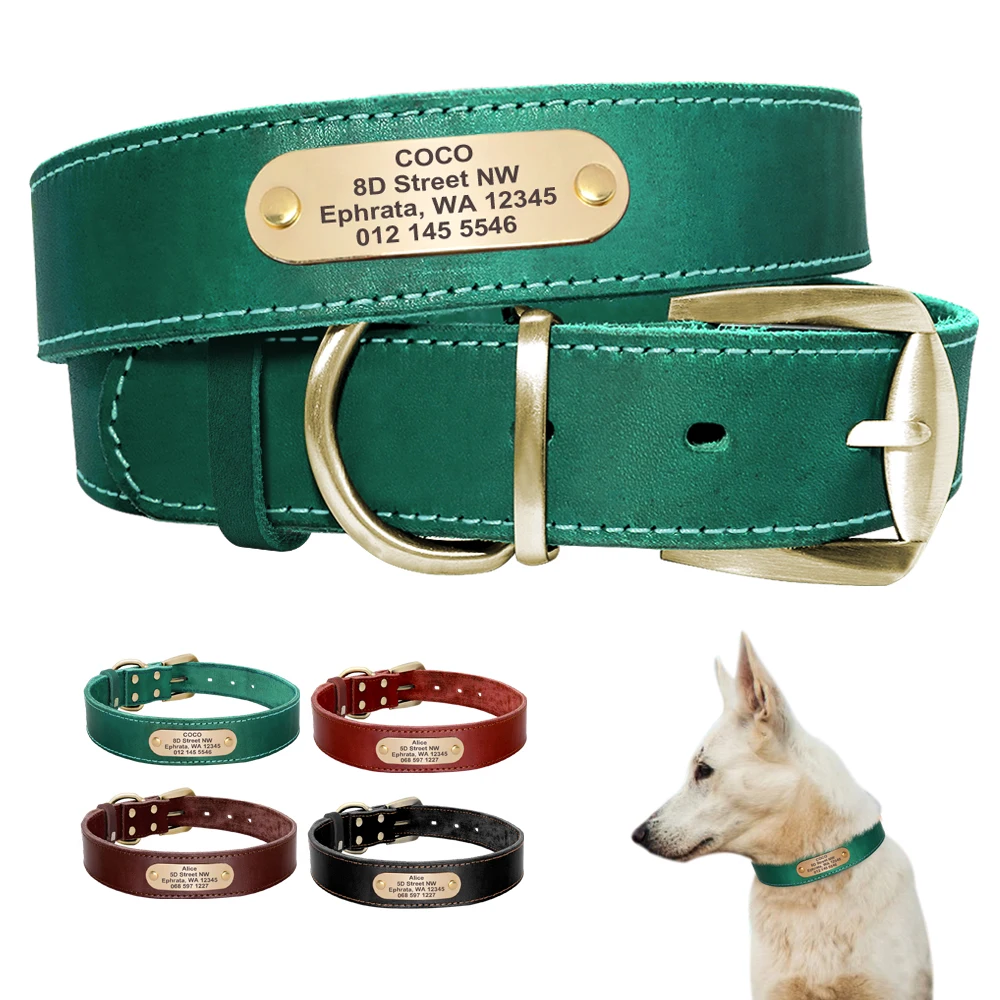 Custom Leather Dog Collar Pitbull Personalized Dog Collars Free Engraved Pet ID Necklace Adjustable for Small Medium Large Dogs
