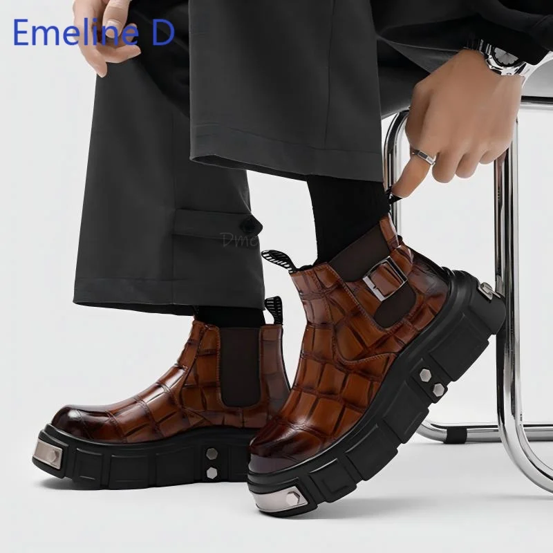 Men Crocodile Embossed Chelsea Ankle Boots Round Toe Buckle Strap Metal Plate Thick Block Platform Streetwear Casual Footwear