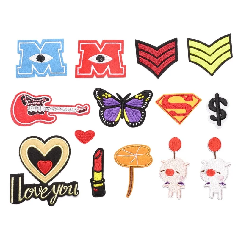 

100pcs/Lot Fashion Fun Embroidery Patch Love Butterfly Dollar Lipstick Golden Lotus Leaf M Eyes Shirt Clothing Decoration