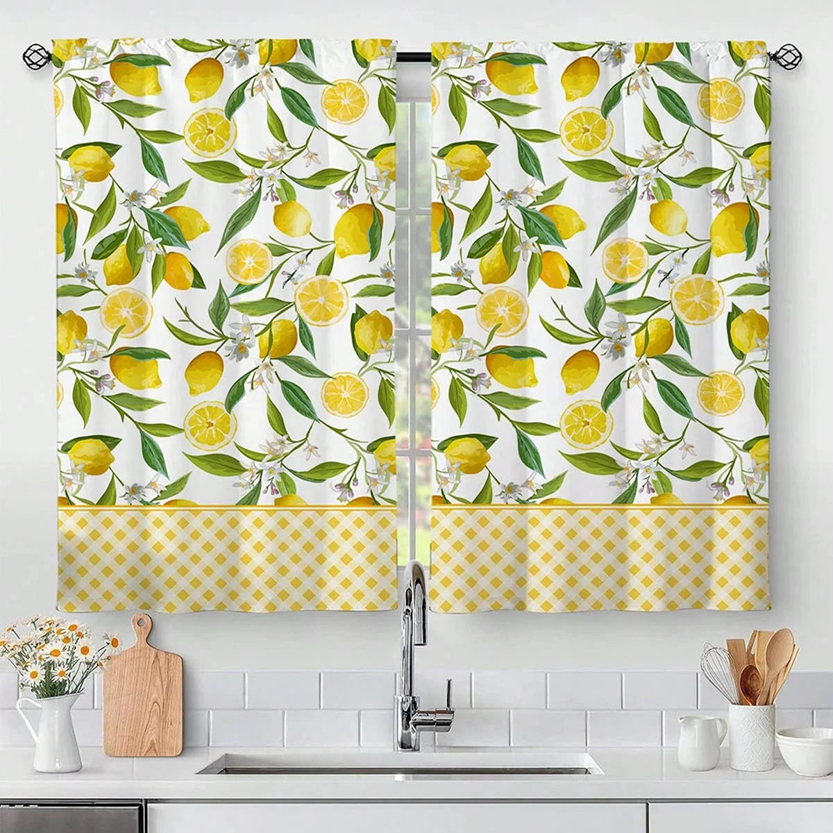 2 pieces, window curtains, yellow lemon print curtains, country style, decorative curtains for living room, kitchen, and bedroom