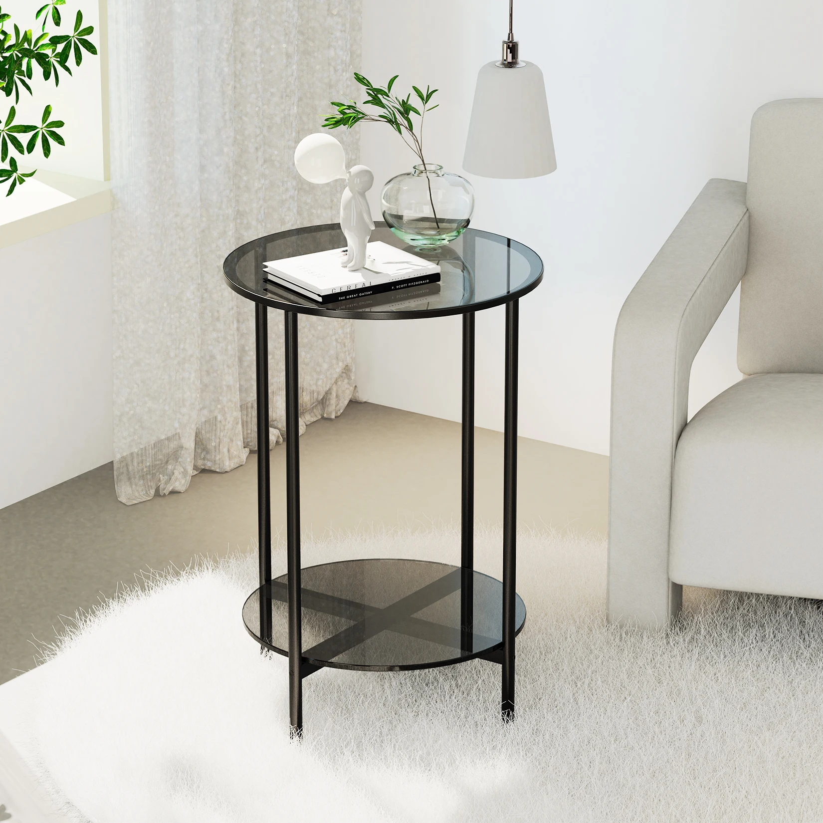 2-Tier Round Coffee Table Glass Simple Modern Center Table for Living Room Home, Sofa Side Table with Metal Steel Frame