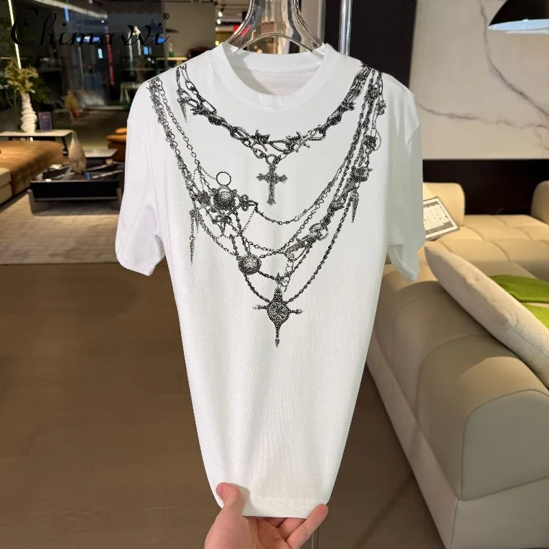 2026 Summer New Street Style Rhinestone Embellished Oversized Crew Neck Short Sleeve T-shirt Men's Fashion Casual Tee Top