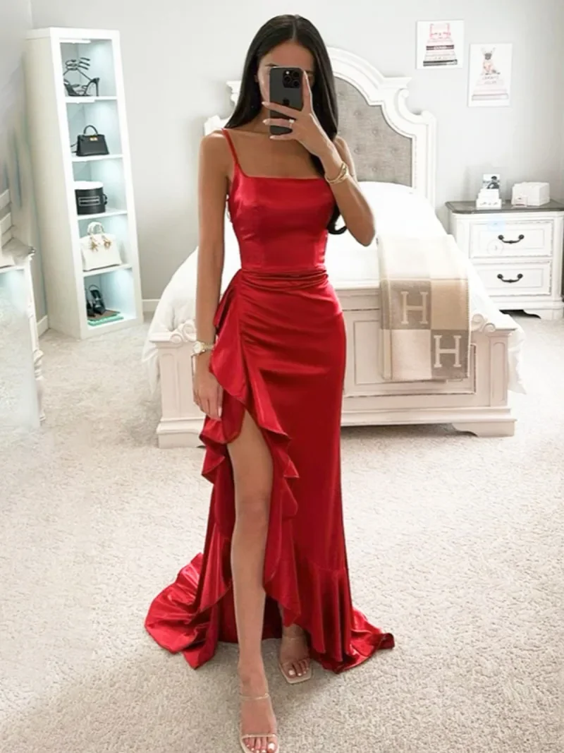 Sexy Spaghetti Strap Ruffles Long Maxi Evening Dress Women Sleeveless High Slit Floor-length Red Formal Occasion Prom Dresses