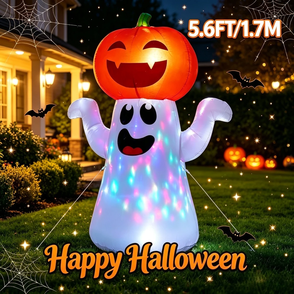 5.6FT Inflatable Pumpkin Head Ghost Yard Decor Halloween Outdoor Lawn Garden Party Festival Holiday Scene Ornament Accessories