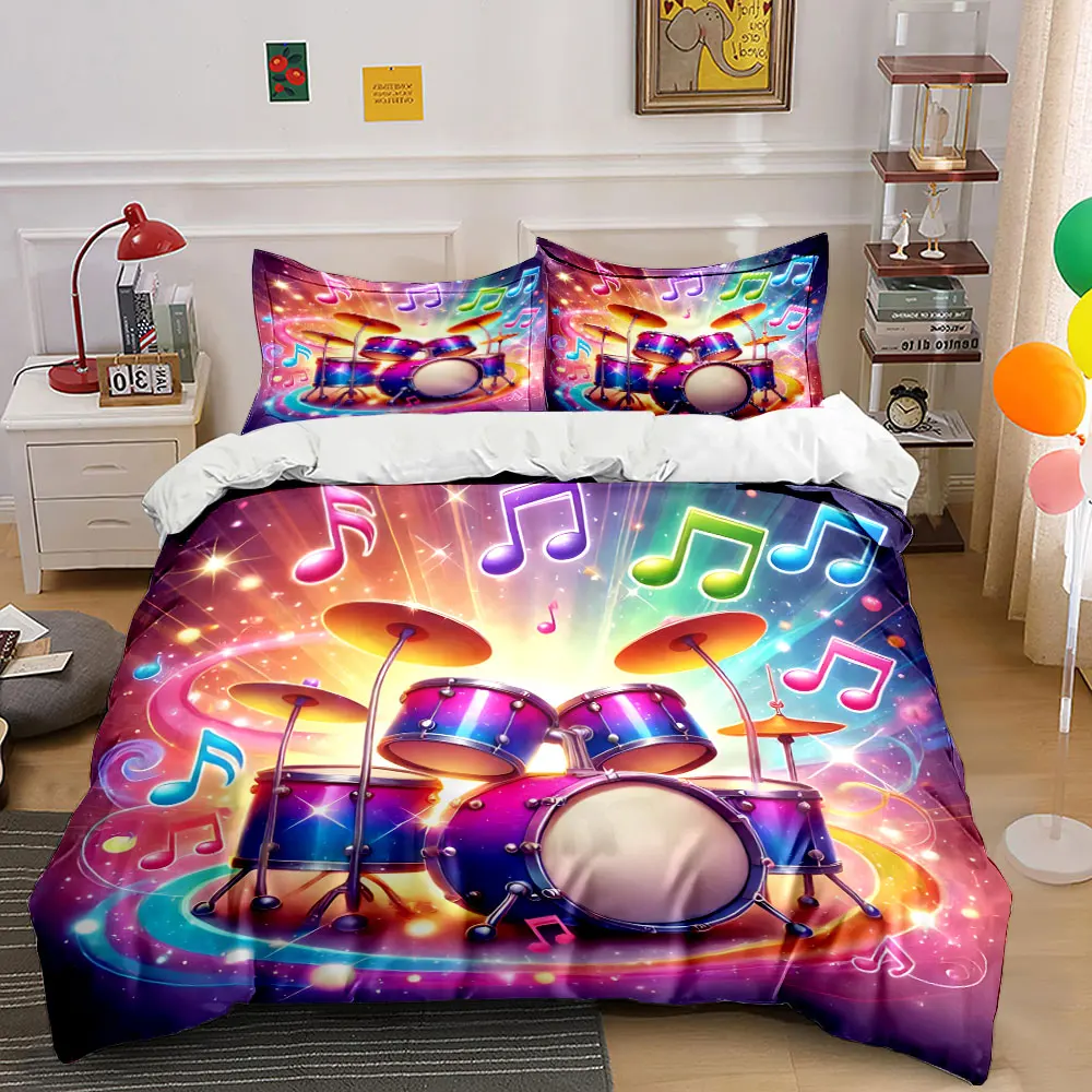 Colorful Drum Set with Music Notes Print Bedding Set 1 Duvet Cover 2 Pillowcases for Adult and Children Luxury Gift Full Size