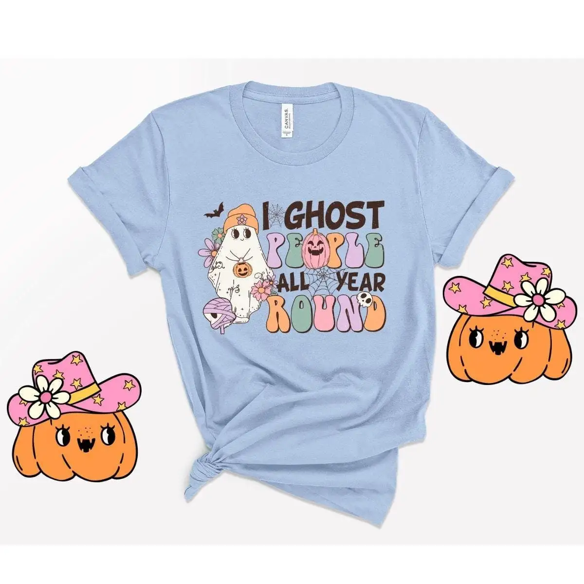 

Круглая футболка «Я призраки людей на весь год» на Хэллоуин с милой тыквой