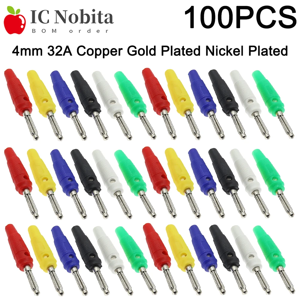 100PCS 4mm Banana Plug Connector 32A High Current Solderless Screw Terminal Side Stackable Copper Gold Plated Nickel Plated Plug
