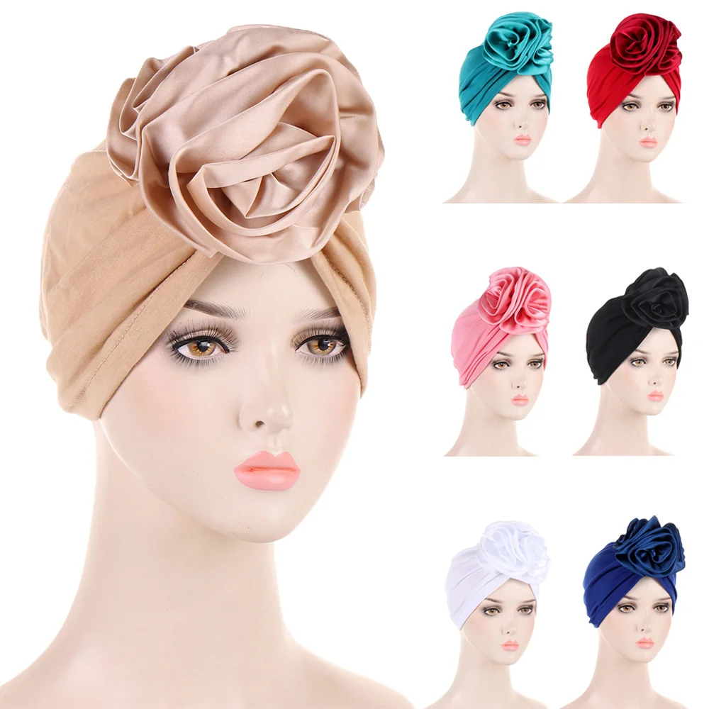 

New Women Big Flower Muslim Turban Head Wrap Turban Hijab Sleep Night Hat Chemo Cap Elastic Beanies Femme Bandana Headwear Mujer