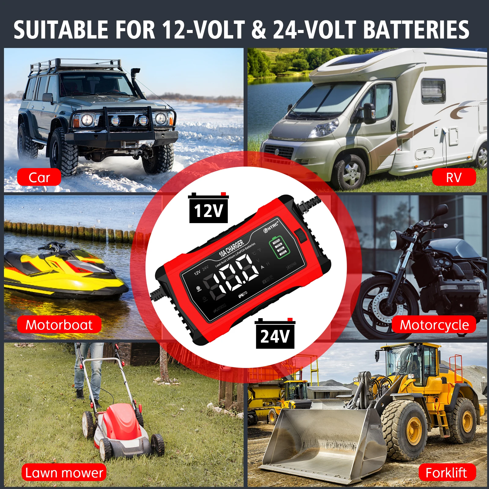Ładowarka akumulatorów HTRC 12V-24V 10A do samochodów ATV Truck Auto Power Lithium LiFePO4 AGM GEL SLA Wet Dry Lead-Acid Battery Pulse Repair