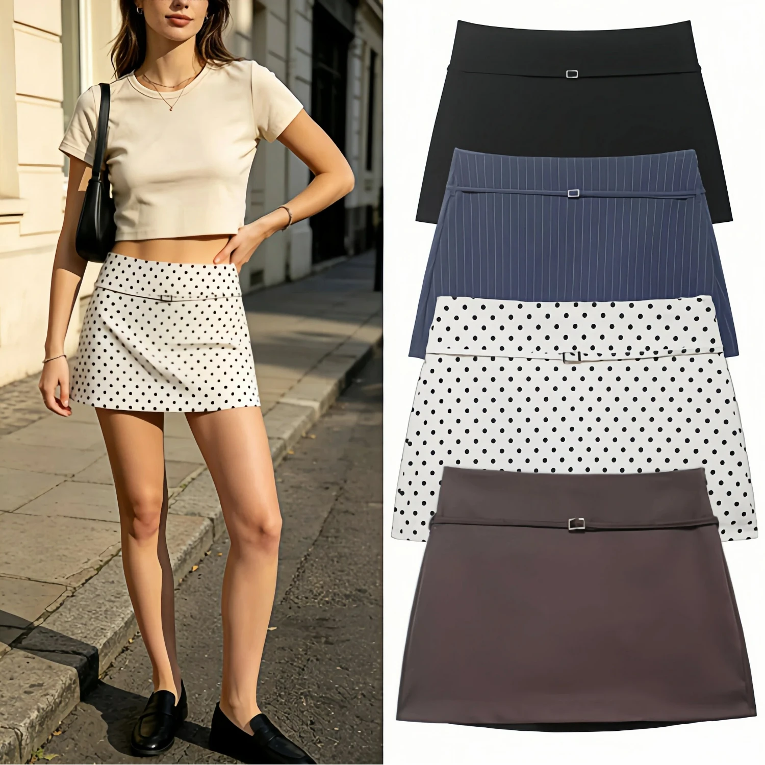 Fashion Women Polka Dot Belted Mid Waist Mini Skirt Comfortable Casual Loose Fit Trendy Elegant Chic Short Skirt