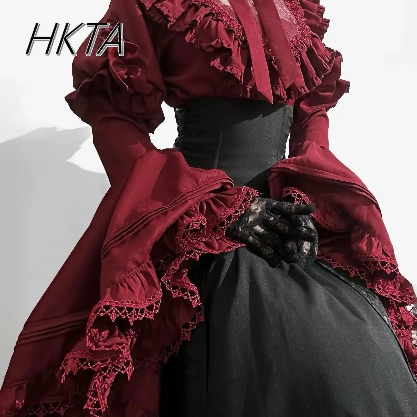 Gothic Shirt Y2k Top Lolita Girls Ruffle Umbrella Skirt High Waist Oversized Long Skirt Horn Long Sleeve Student Elegant Blouse