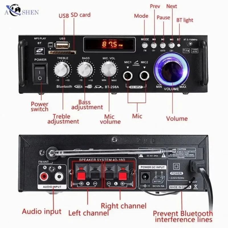 BT 298A Professional Mini Car Power Amplifier DC12V AC110 OR 220V With 2MIC Usd SD Wireless BT 5.0 FM