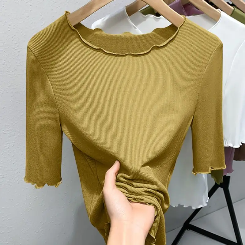 Fashion O-Neck Solid Color Korean Blouses Women's Clothing Summer New Slim Casual Pullovers Tops All-match Shirts